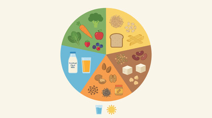 Vegan Food Group Chart Wheel with Fruits Vegetables Grains Protein Dairy Alternatives vector illustration
