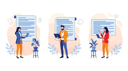 Illustration of three professionals reviewing resumes or documents in front of large profile sheets—ideal for recruitment, HR, candidate evaluation, and career development visuals.
