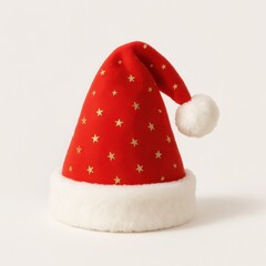 Red santa hat with white fur brim fluffy pompom and tiny golden stars standing upright and slightly tilted on white background festive christmas costume and winter holiday decor