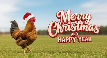 Chicken Wearing Santa Hat with Christmas Message - A chicken wearing a Santa hat stands in a field with a Merry Christmas and Happy Year message