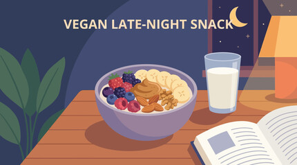 Vegan Late- Night Snack Bowl with Berries, Nuts, and Banana Slices late-night snack food