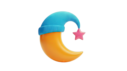 Cartoon Moon with Sleep Cap and Star on White