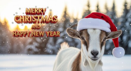 Goat Wearing Santa Hat with Christmas Greetings - A cute goat wearing a Santa hat stands in a snowy landscape with a Merry Christmas and Happy New Year greeting