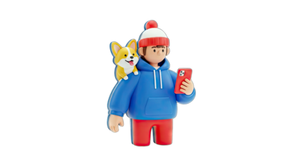 Cartoon Man with Dog and Phone on White Background