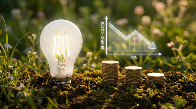 Innovative energy saving concept with lightbulb and coins in nature