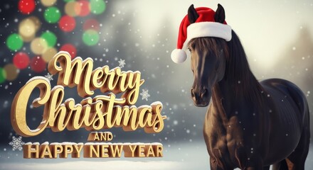 Horse with Santa Hat for Christmas - A dark brown horse wearing a Santa hat, standing against a snowy background with festive Christmas greetings