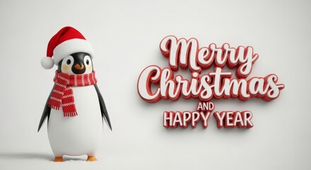 Penguin Wishing Happy Holidays - A cartoon penguin wearing a scarf and santa hat wishing merry christmas and happy new year, against a white background