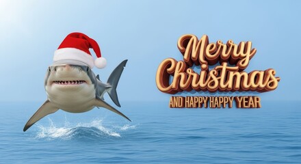 Shark Celebrating Christmas in the Ocean - A shark wearing a Santa hat leaps from the ocean beside text saying Merry Christmas and Happy New Year