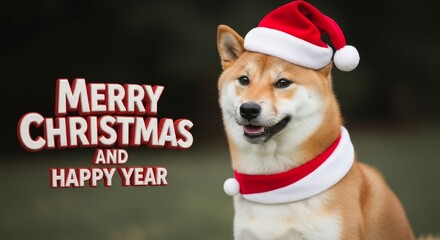 Shiba Inu Holiday Greetings - A Shiba Inu dog wearing a Santa hat and scarf, wishing Merry Christmas and Happy Year