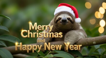 Sloth Merry Christmas and Happy New Year - Adorable sloth wearing Santa hat with festive greeting. Celebrating the holidays in a cute and unique way