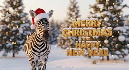 Zebra Celebrating Christmas Season - A zebra wearing a Santa hat stands in a snowy forest with Christmas trees. Merry Christmas and Happy New Year message is displayed