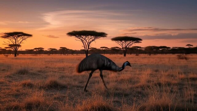 An emu walks across a dry savannah landscape at sunset. 4k video
