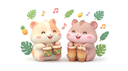 Cute Kawaii Hamsters Enjoying Music, Adorable 3D Cartoon Animal Illustration