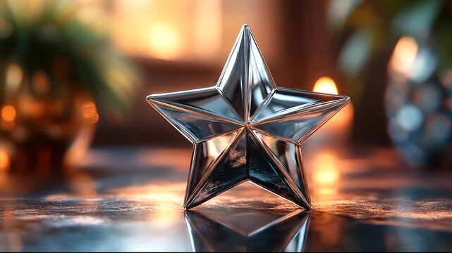 Shiny geometric star decoration on a reflective surface