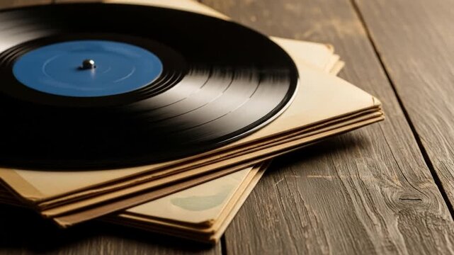 Vintage black vinyl record with blue label on a stack of old sleeves, rustic wooden background