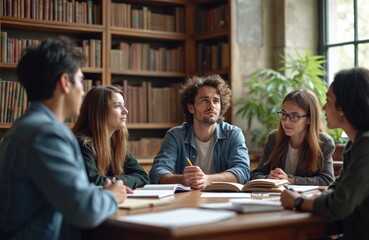 Young diverse students study together in library. Professor guides group of learners at table with books. People engage in academic discussion, research, and teamwork.