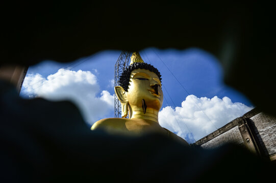 Golden Buddha Statue, Lanna Architecture, Symbols of Buddhism, South East Asia at Wat Phra Phuttha Santiparangon Sri Phingkhonakhon Mongkhon (Phra Chao Ton Luang) Chiang Mai, Northern Thail