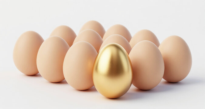 Row of identical eggs with one gold egg - distinctiveness concept