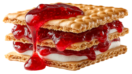 Crispy biscuit layered wafer strawberry jam sweet filling creamy marshmallow dessert stack dripping sauce golden crust crunchy texture indulgent treat melt hearts with rich layers, isolated