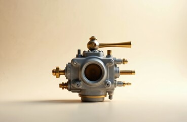 Close-up view of metal carburetor part. Fuel mixture system component for internal combustion engine with brass accents. Isolated object on light backdrop.