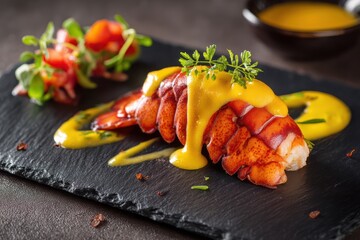 Gourmet lobster tail with rich yellow sauce and fresh salad on a dark plate