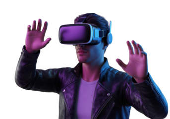 Man interacting with virtual reality headset isolated on transparent background