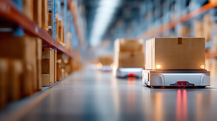 Automated robots transporting packages in a modern warehouse, showcasing efficiency and innovation in logistics technology.