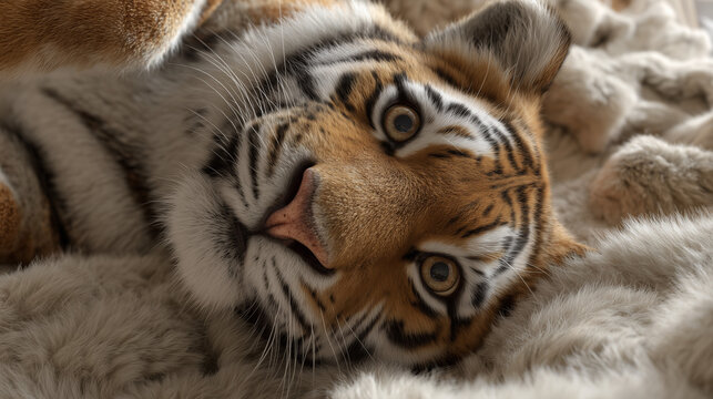 Tiger Lying on Back on Wool Bed Top View - Powered by Adobe
