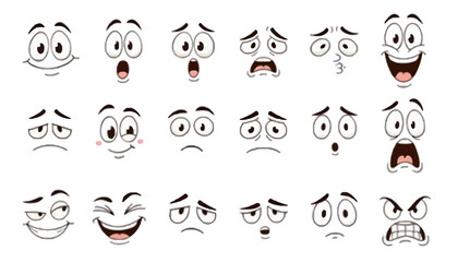 A diverse collection of cartoon faces expressing a wide range of emotions, from joy to anger, with distinct eye and mouth shapes