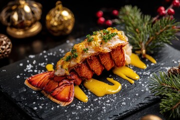 Gourmet lobster tail dish with festive christmas decorations on a dark background