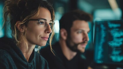 A professional woman in glasses concentrates on coding at her workstation, while a male coworker supports her in the background. The scene highlights modern tech collaboration and productivity - Powered by Adobe
