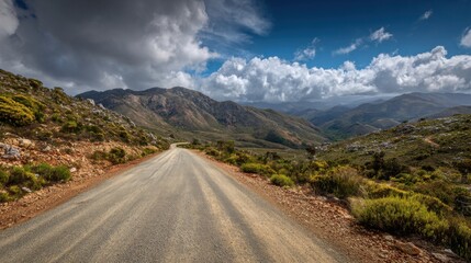 A winding dirt road traverses a mountainous region, surrounded by lush greenery and vibrant vegetation against a backdrop of dynamic clouds. The sky adds depth to the landscape.