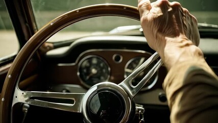 Feel the thrill of the open road as a hand grips the steering wheel of a classic car, ready to embark on an adventure. The vintage interior adds to the nostalgic journey ahead.
