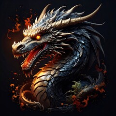 A fierce dragon's head portrait, showcasing intricate scales, glowing red eyes, and fiery accents against a dark backdrop