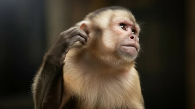 Captive Capuchin displays a range of emotional expressions, pondering different thoughts and