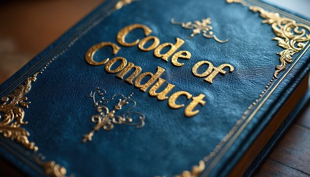 Antique blue book with gold lettering titled Code of Conduct. It lies open on a wooden surface, detailing rules and principles for behavior. This represents ethical guidance and corporate standards.