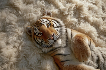 Tiger Lying on Back on Wool Bed Top View