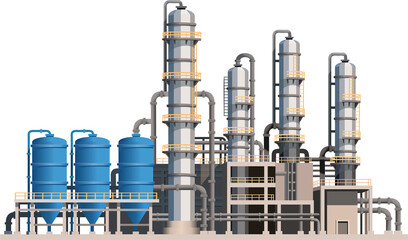 Illustration of an industrial processing plant with distillation columns, tanks, and pipelines, suitable for energy, chemical production, manufacturing, and infrastructure concepts.