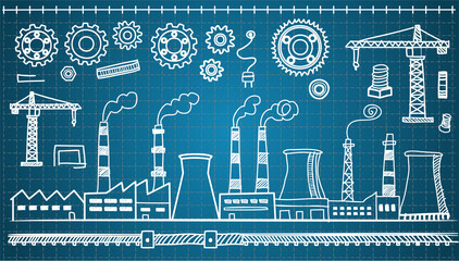 Hand-drawn blueprint style illustration of industrial factories, gears, cranes, and chimneys, ideal for engineering design, manufacturing planning, infrastructure, and industry concepts.