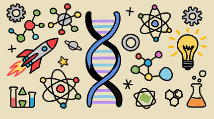Hand-drawn STEM illustration featuring DNA, atoms, chemistry tools, and innovation symbols, ideal for education, science communication, creativity, and learning concepts.