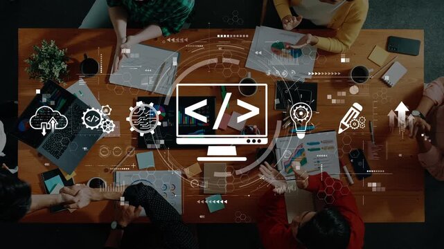 A diverse team engages in a collaborative meeting surrounded by technology and coding symbols, enhancing creativity and innovation in a modern workspace. Raster