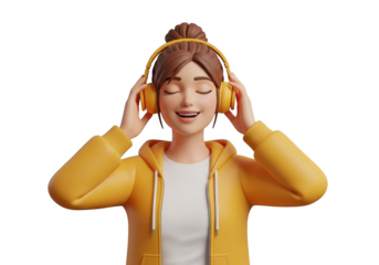 3d woman character enjoying music with headphones isolated on transparent background