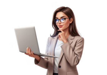 Professional woman holding a laptop in a thoughtful pose, isolated on transparent background
