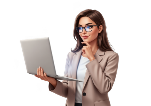 Professional woman holding a laptop in a thoughtful pose, isolated on transparent background - Powered by Adobe