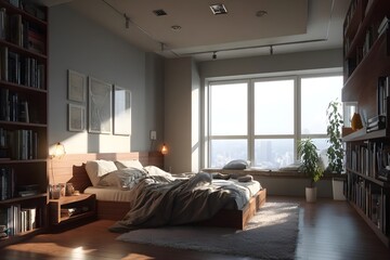 A cozy, sunlit bedroom features an unmade bed surrounded by bookshelves and a large window.