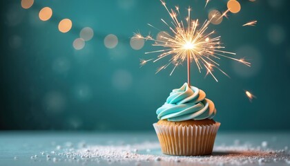 A single cupcake with blue frosting ignites a sparkler, creating a festive glow. Blurred lights and white sprinkles add to the party mood, perfect for celebrations.