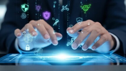 Close-up of hands touching a futuristic screen with floating cybersecurity icons - Powered by Adobe