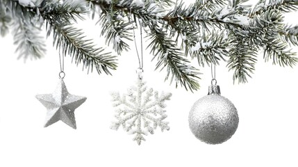 Three silver Christmas ornaments hang from a snowy evergreen branch.