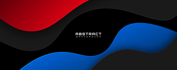 3D black abstract background overlap layer on dark space with flowing red blue waves effect decoration. Modern graphic design element cutout style concept for web, art, flyer, card, or brochure cover