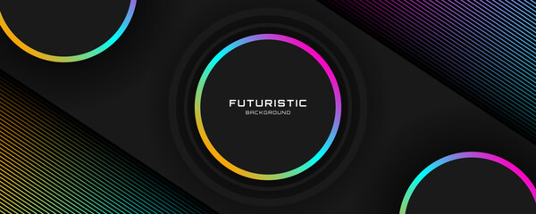 3D black circles abstract background overlap layer on dark space with colorful lines effect decoration. Modern graphic design element stripes style concept for web, flyer, card, or brochure cover